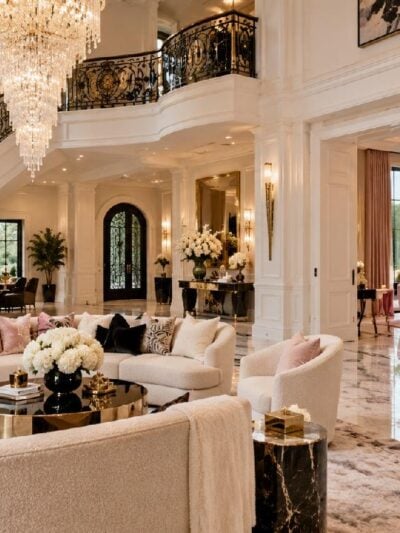 eurAI illustration of an ornate Atlanta mansion interior with marble floors, crystal chandelier and pink accents
