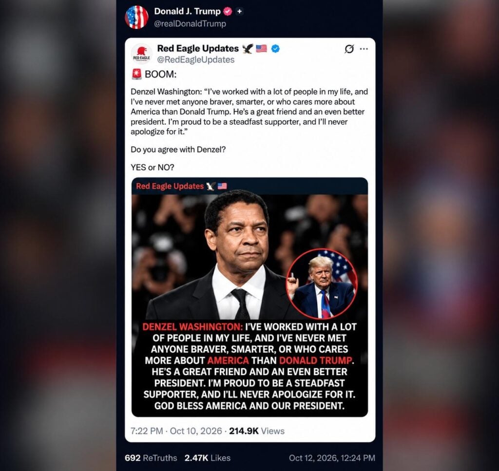 Donald Trump's Truth Social post about Denzel Washington