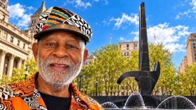 Dr Lorenzo Pace and his Triumph of the Human Spirit monument in NYC's Foley Square - via eurAI