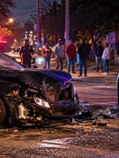 Editorial illustration of police responding to a nighttime traffic collision - via eurAI