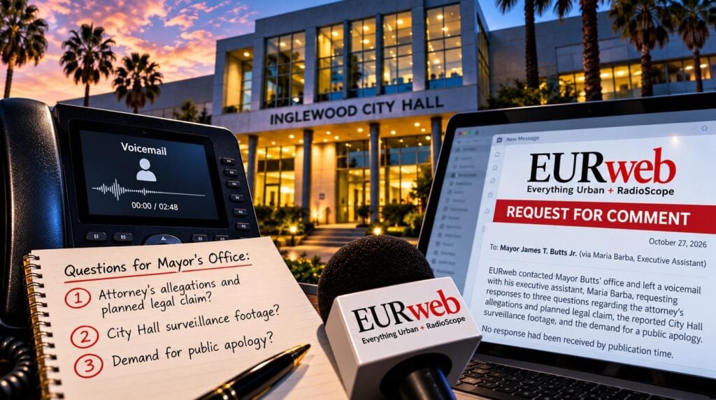 Illustration depicts EURweb seeking comment from Inglewood Mayor Butts - via eurAI