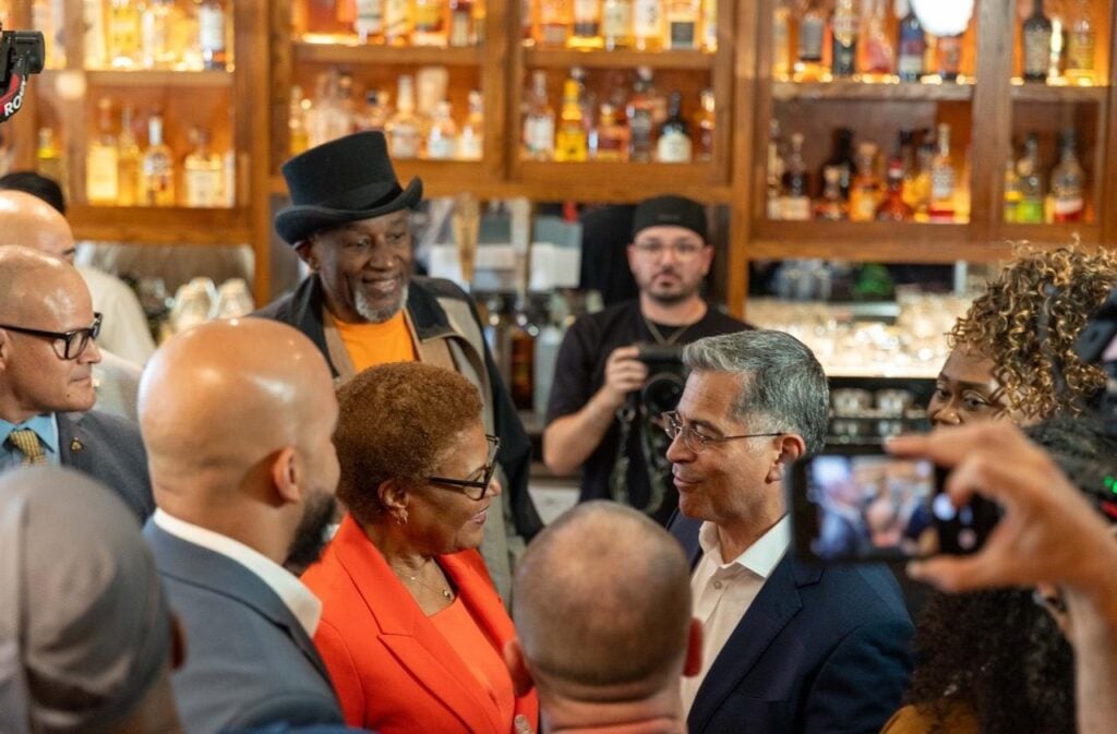 LA Mayor Karen Bass greets California gubernatorial candidate Xavier Becerra - CBM photo by Maxim Elramsisy