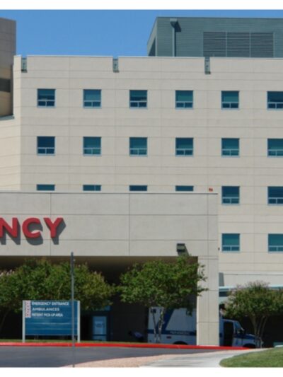 Modern hospital building in front of Emergency entrance