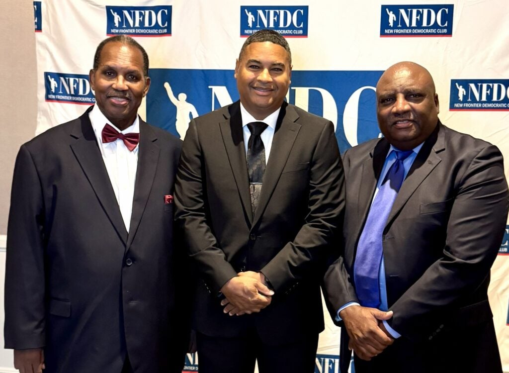 John McKinney nabs New Frontier Democratic Club endorsement for LA City Atty. Pictured Dr. Michael R. Davis NFDC Pres, LA City Attorney candidate John McKinney, Kevin D. Kinsey NFDC 1st Vice President. Photo courtesy of NFDC