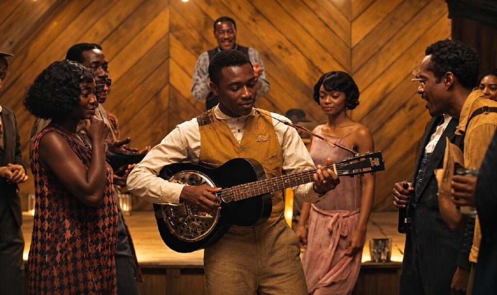 Sammie 'Preacher Boy' Moore's guitar scene from 'Sinners' - via screenshot