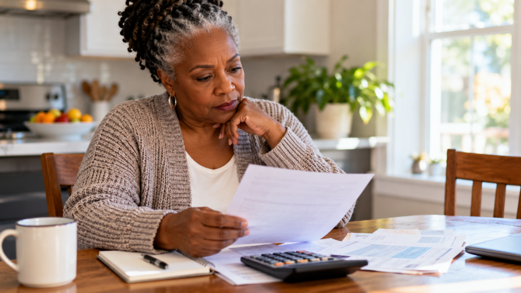 Realistic editorial financial imagery, senior-focused, reassuring but neutral, 16:9 landscape.