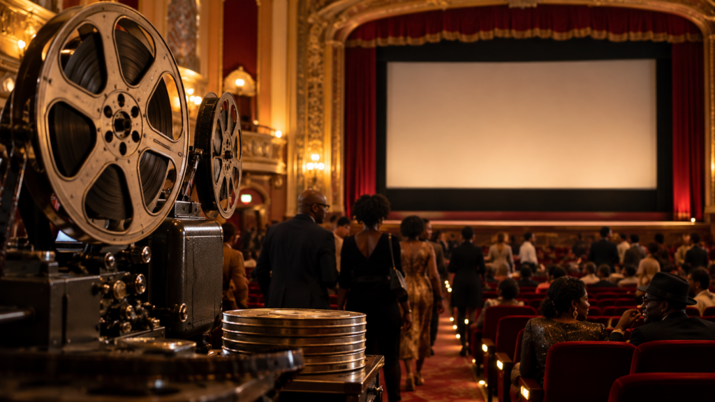 Realistic editorial cinema photography with a classic theatrical atmosphere.